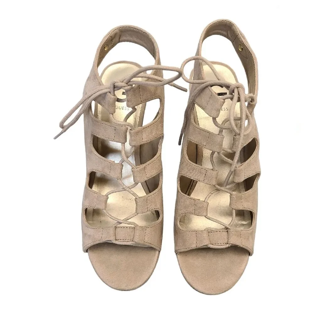 G by Guess Womens Beige Lace Up Cutout Platform Wedge Booties 9.5M